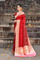 Red Pure Kora Organza Banarasi Handloom Silk Saree With Meenakari Border In Contrast Baby Pink Color